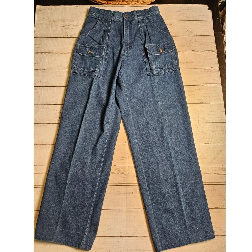 Cabelas Hiker Vintage High Waisted Cargo Jeans Wide Leg Denim Blue Pleated Sz 10